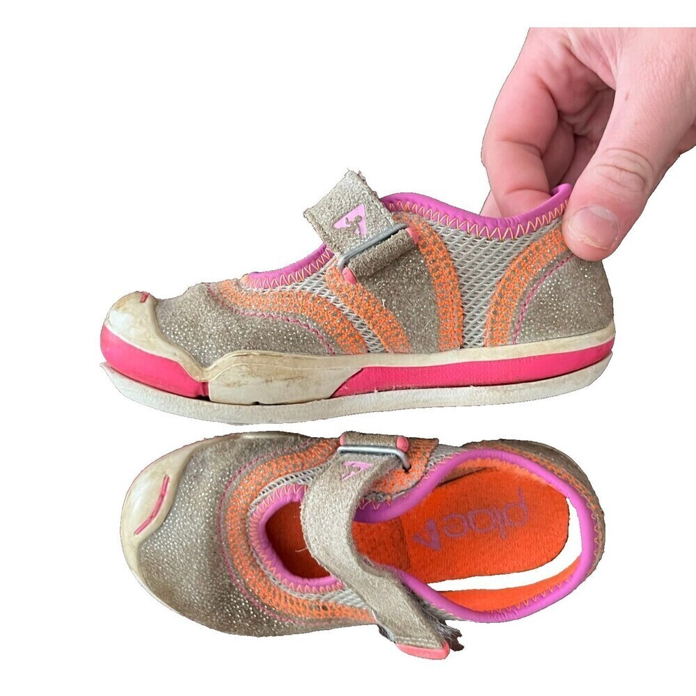Plae Emme Youth Girls Orange Gray Mary Jane Size 8 Mesh Snap Strap Comfort Flats